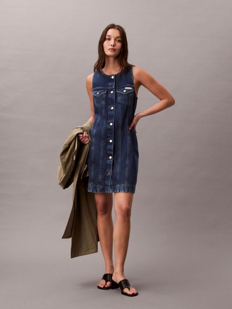 Denim Rochie Trucker Din Denim Fara Maneci  Femei