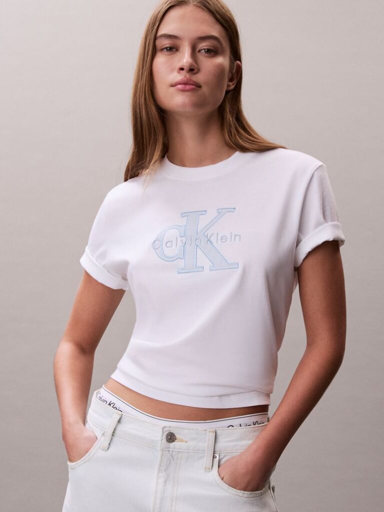Alb Tricou Cu Monograma Aplicata  Femei