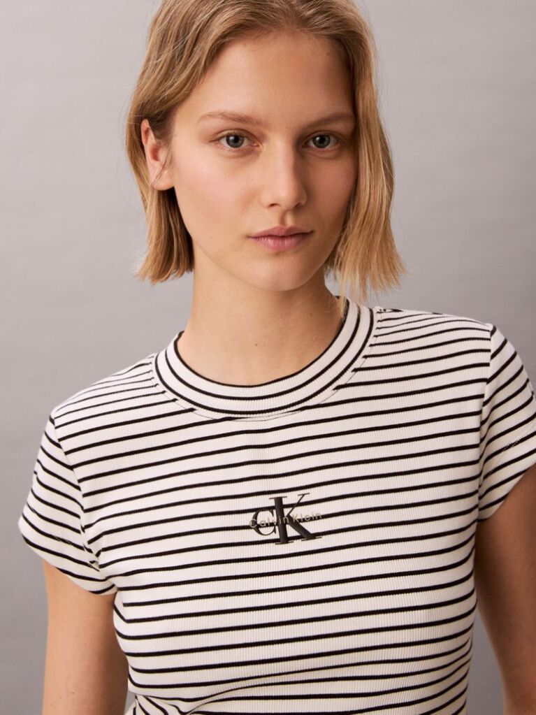 Negru Tricou Slim Reiat Cu Dungi  Femei