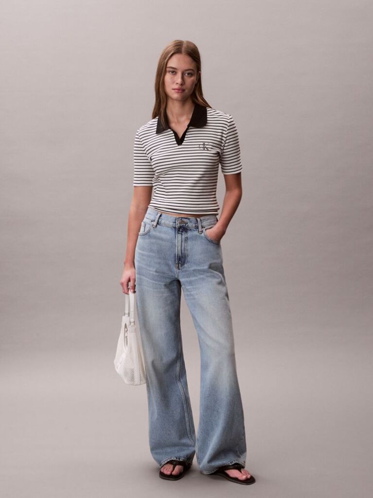 Negru Tricou Polo Slim Reiat Cu Dungi  Femei