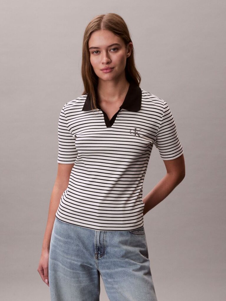 Negru Tricou Polo Slim Reiat Cu Dungi  Femei