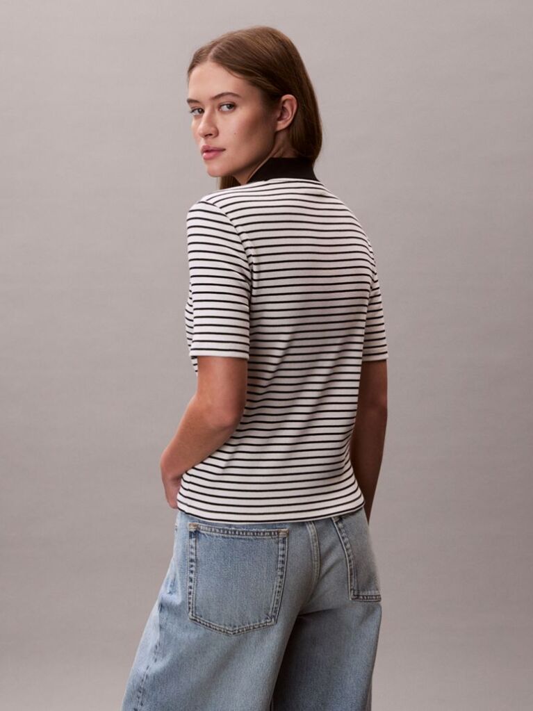 Negru Tricou Polo Slim Reiat Cu Dungi  Femei