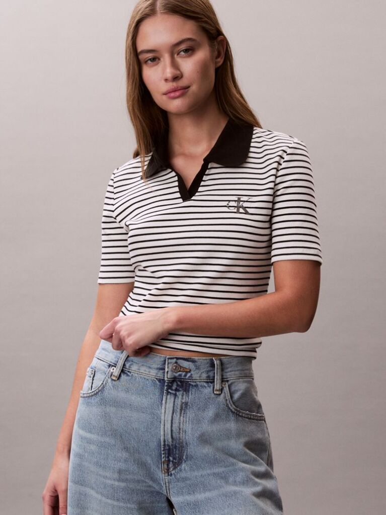 Negru Tricou Polo Slim Reiat Cu Dungi  Femei