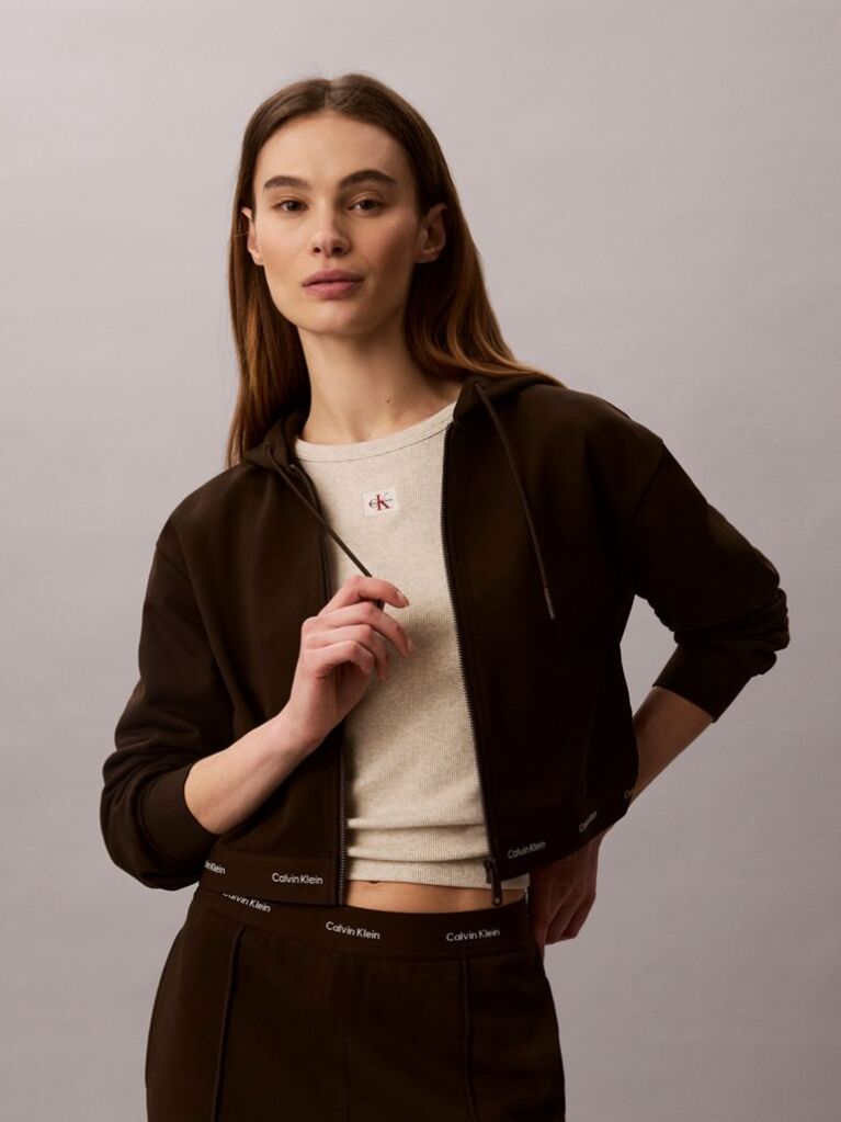 Brown Cropped Logo Elastic Zip Hoodie  Women