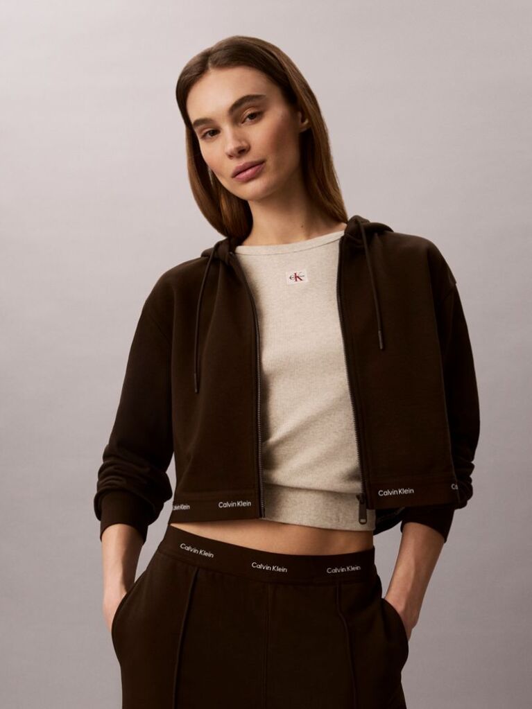 Brown Cropped Logo Elastic Zip Hoodie  Women