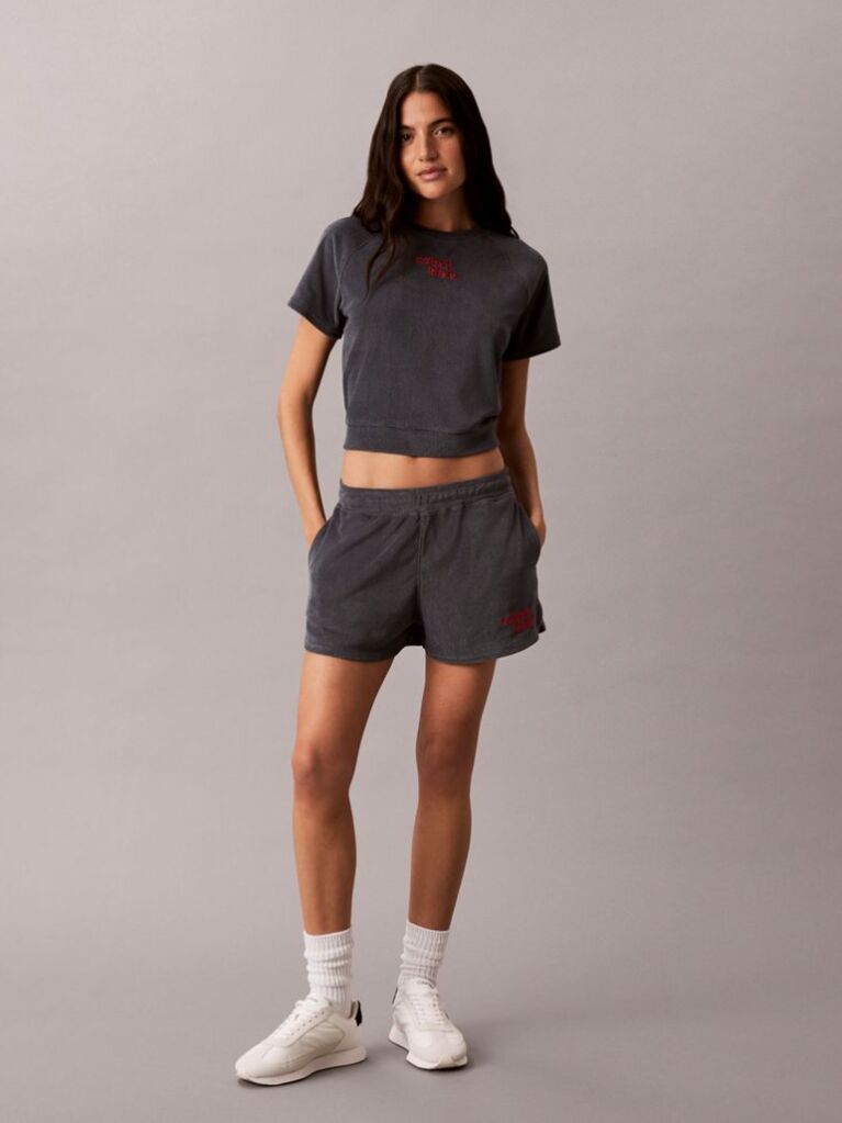 Gri Top Cropped Din Material Towel Terry Cu Maneca Scurta  Femei