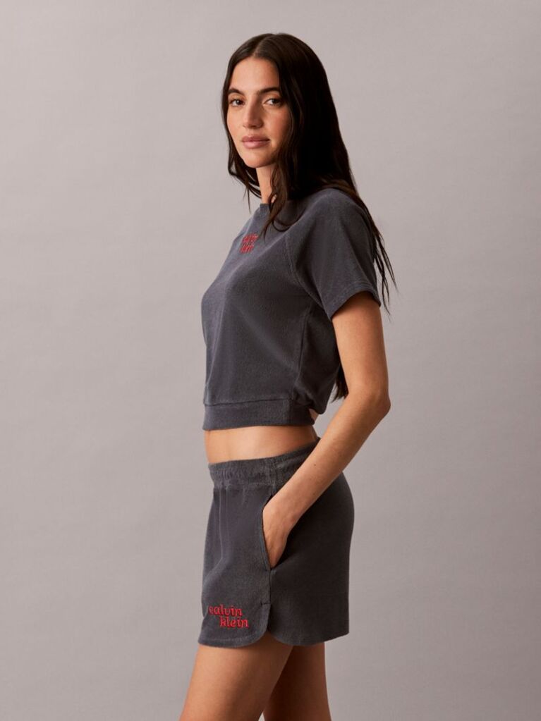 Gri Top Cropped Din Material Towel Terry Cu Maneca Scurta  Femei