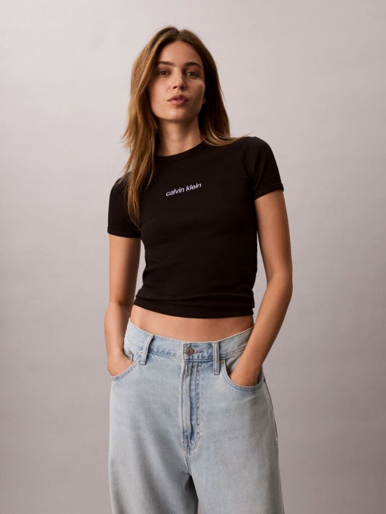 Negru Tricou Din Bumbac Reiat Cu Logo Brodat  Femei