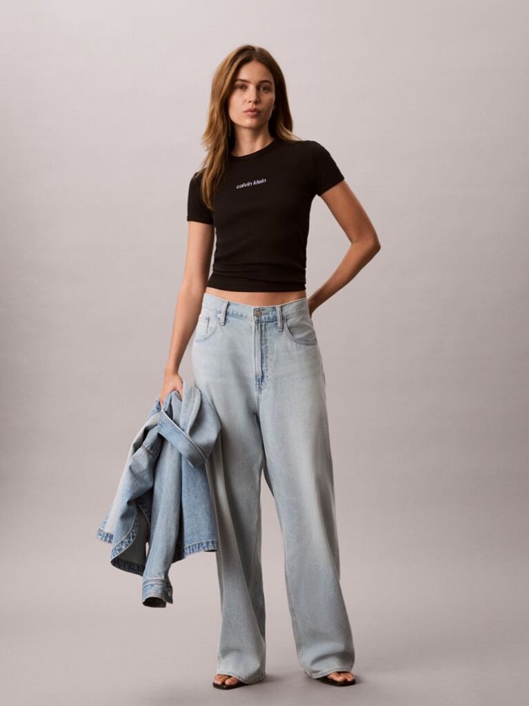 Negru Tricou Din Bumbac Reiat Cu Logo Brodat  Femei