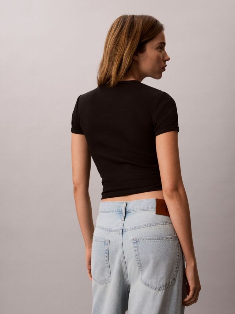 Negru Tricou Din Bumbac Reiat Cu Logo Brodat  Femei