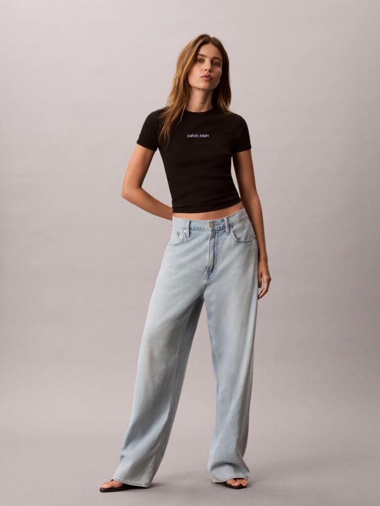 Negru Tricou Din Bumbac Reiat Cu Logo Brodat  Femei