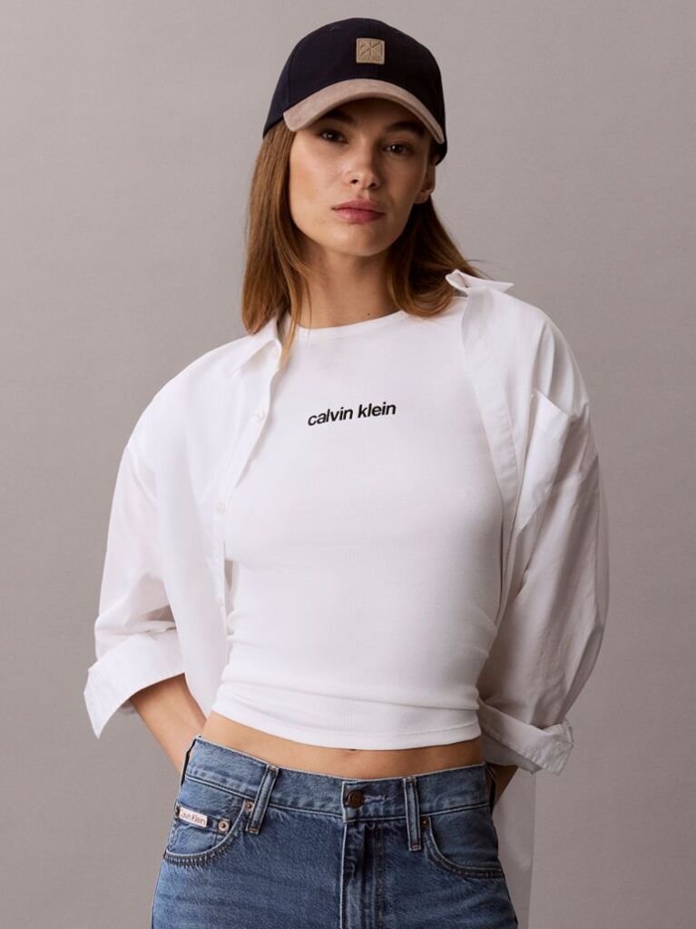 Alb Tricou Din Bumbac Reiat Cu Logo Brodat  Femei