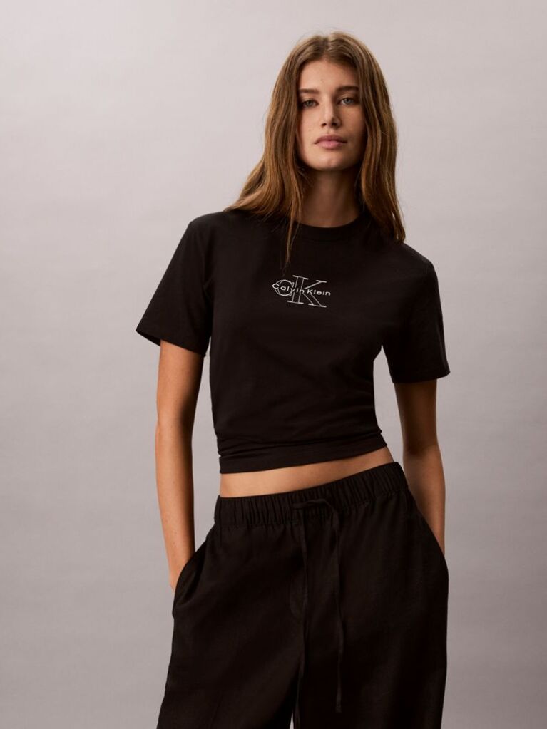 Negru Tricou Cu Guler Rotund Cu Logo Monogram  Femei