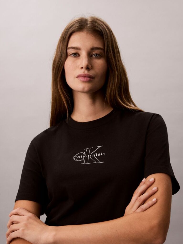 Negru Tricou Cu Guler Rotund Cu Logo Monogram  Femei