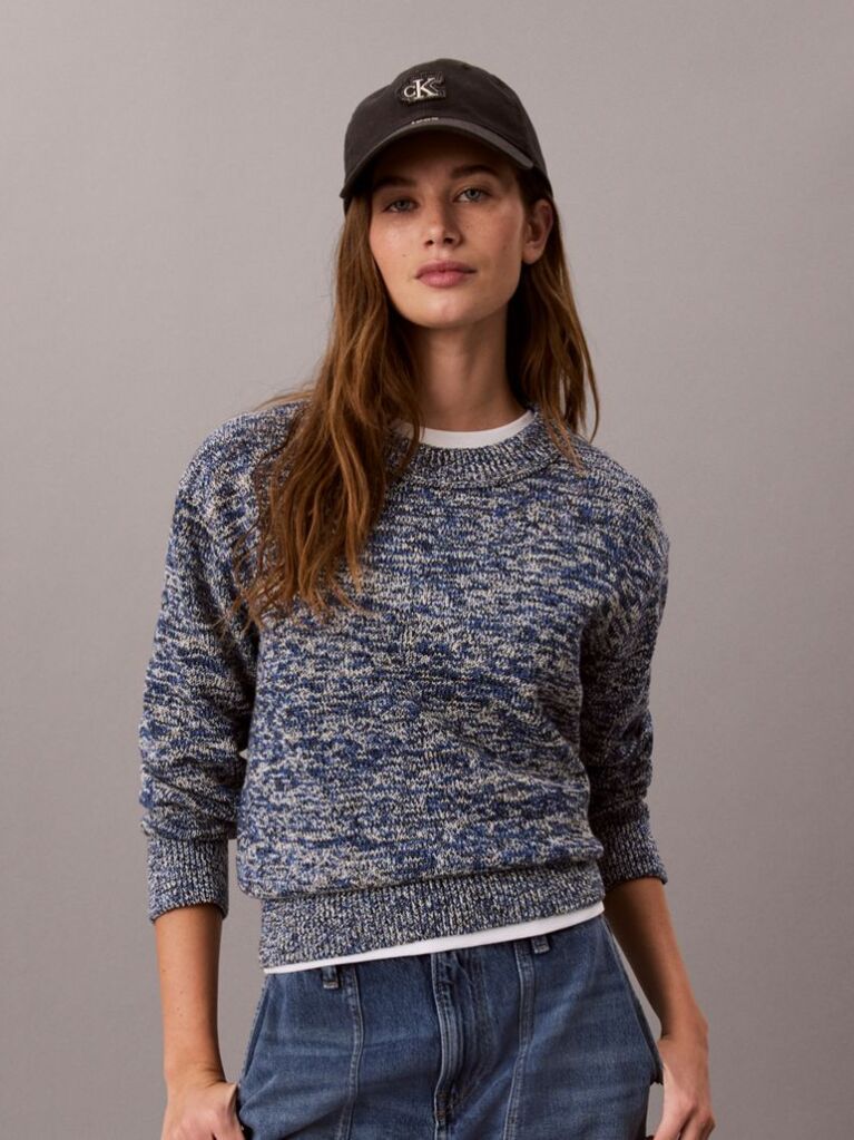 Albastru Pulover Oversize Din Tricot Gros Mouliné Cu Eticheta Cu Monograma  Femei