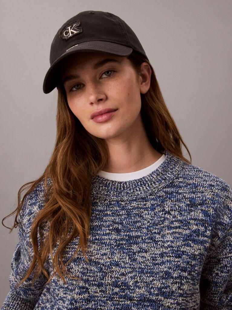 Albastru Pulover Oversize Din Tricot Gros Mouliné Cu Eticheta Cu Monograma  Femei