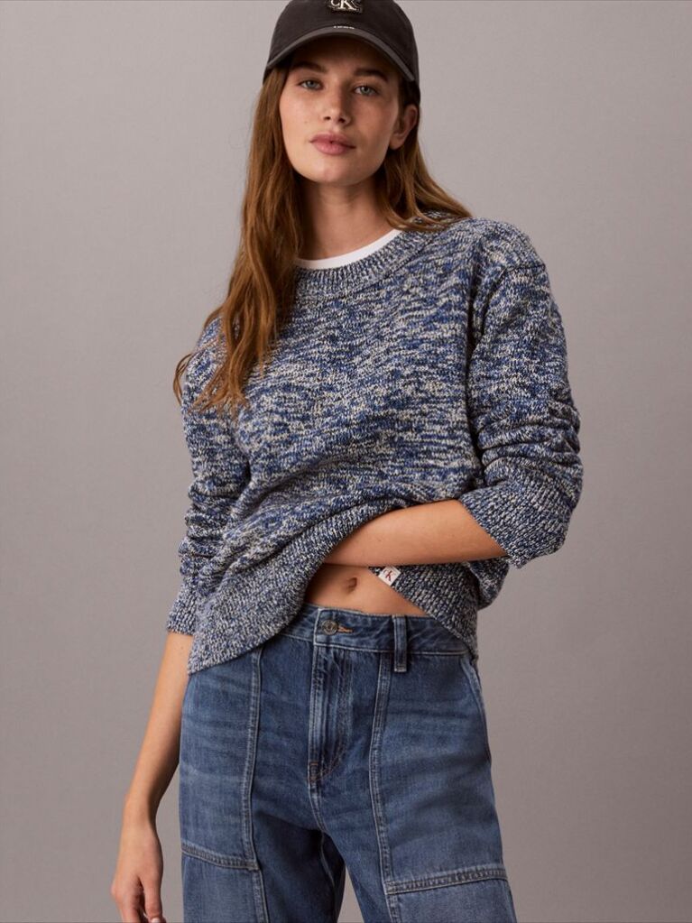 Albastru Pulover Oversize Din Tricot Gros Mouliné Cu Eticheta Cu Monograma  Femei