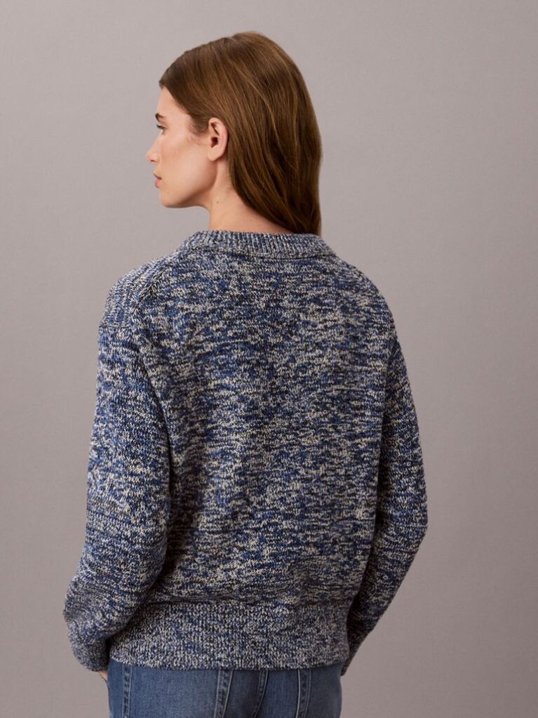 Albastru Pulover Oversize Din Tricot Gros Mouliné Cu Eticheta Cu Monograma  Femei