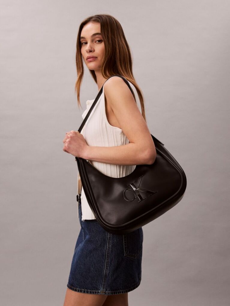 Negru Geanta Hobo Cu Logo Crescent Si Textura Moale  Femei