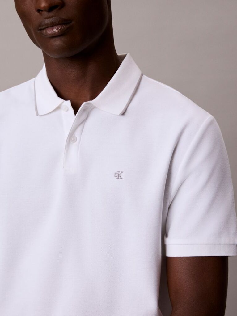 Alb Tricou Polo Din Piqué Cu Borduri Contrastante  Barbati