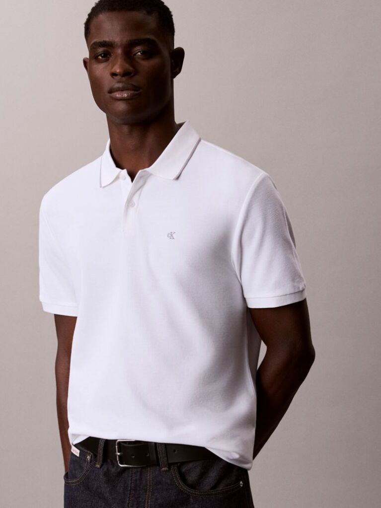 Alb Tricou Polo Din Piqué Cu Borduri Contrastante  Barbati