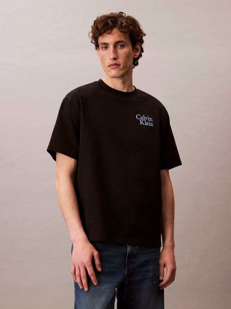 Negru Tricou Relaxat Cu Logo Script Grafic  Barbati