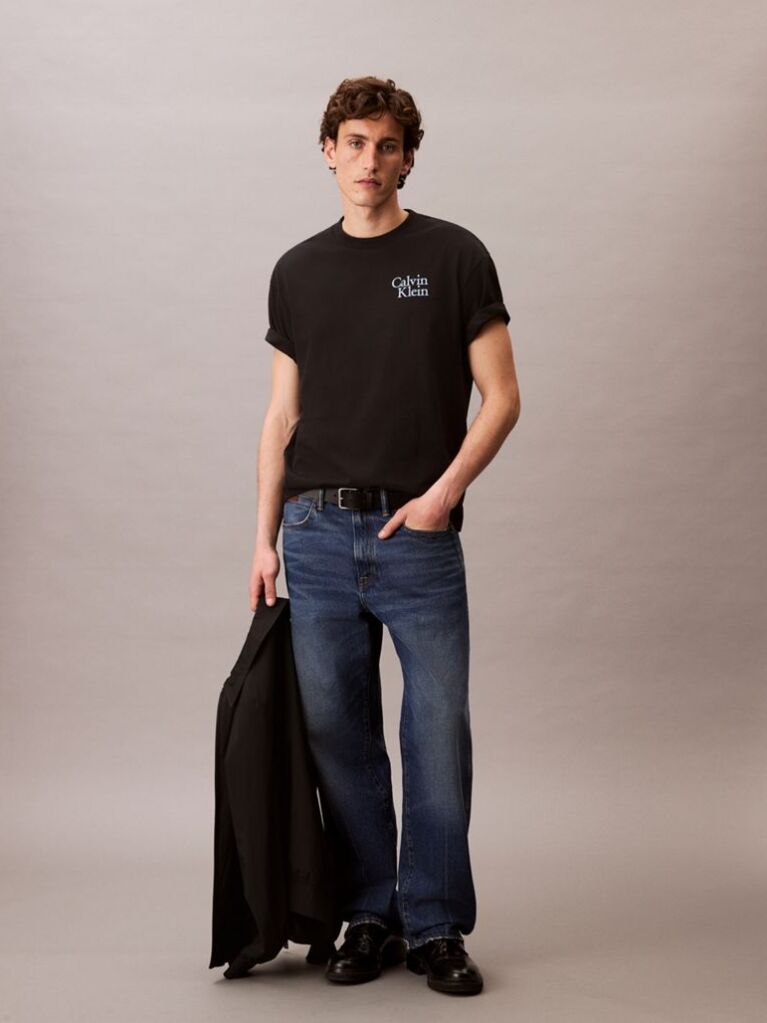 Negru Tricou Relaxat Cu Logo Script Grafic  Barbati