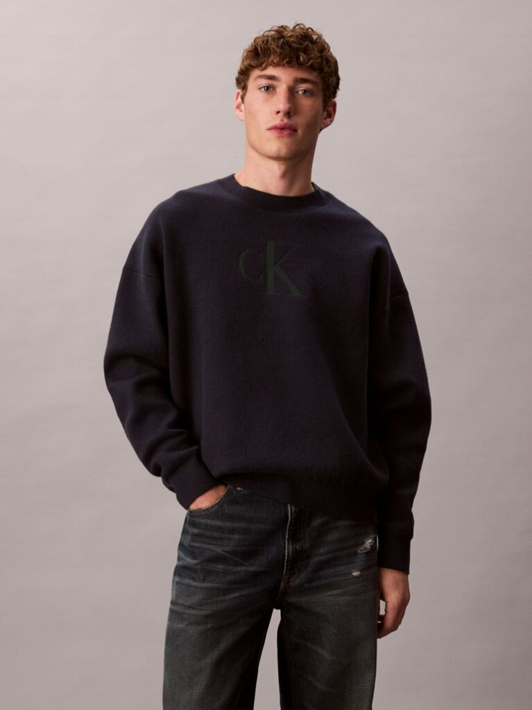 Blue Cotton Blend Monogram Logo Relaxed Sweater  Men