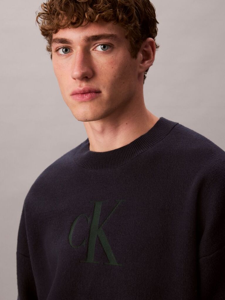 Blue Cotton Blend Monogram Logo Relaxed Sweater  Men