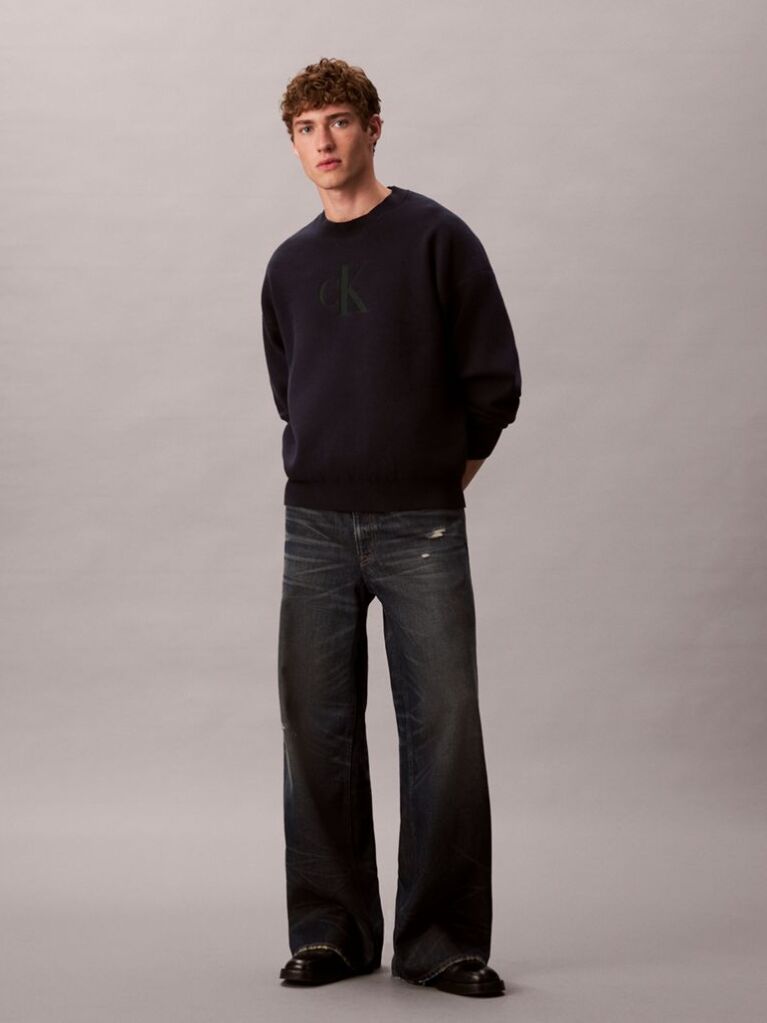 Blue Cotton Blend Monogram Logo Relaxed Sweater  Men