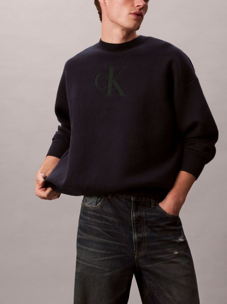 Blue Cotton Blend Monogram Logo Relaxed Sweater  Men
