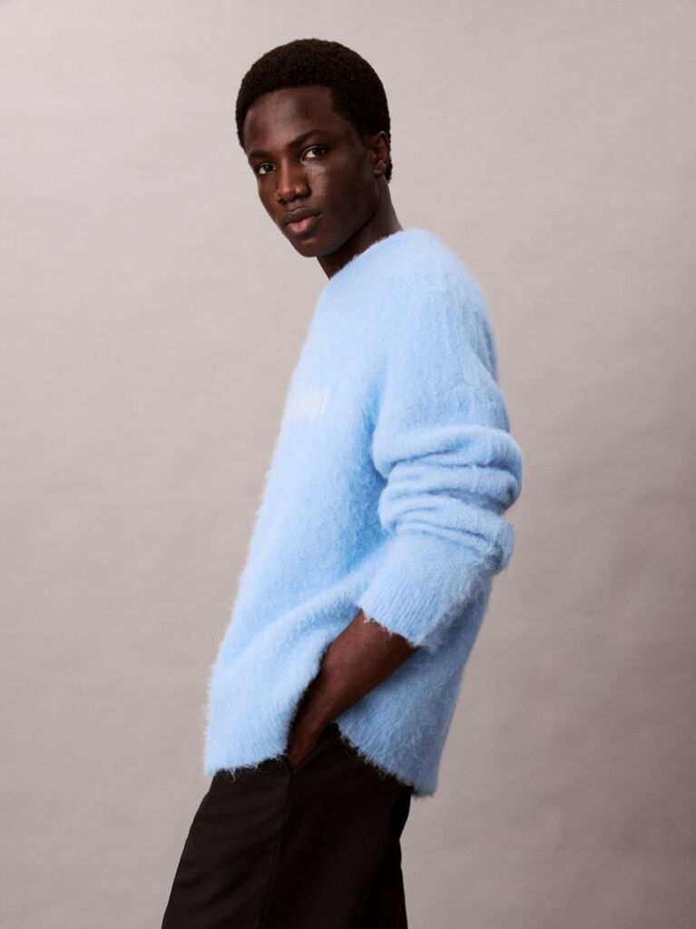 Albastru Pulover Din Amestec De Lana Alpaca Periata Cu Logo Monogram  Barbati