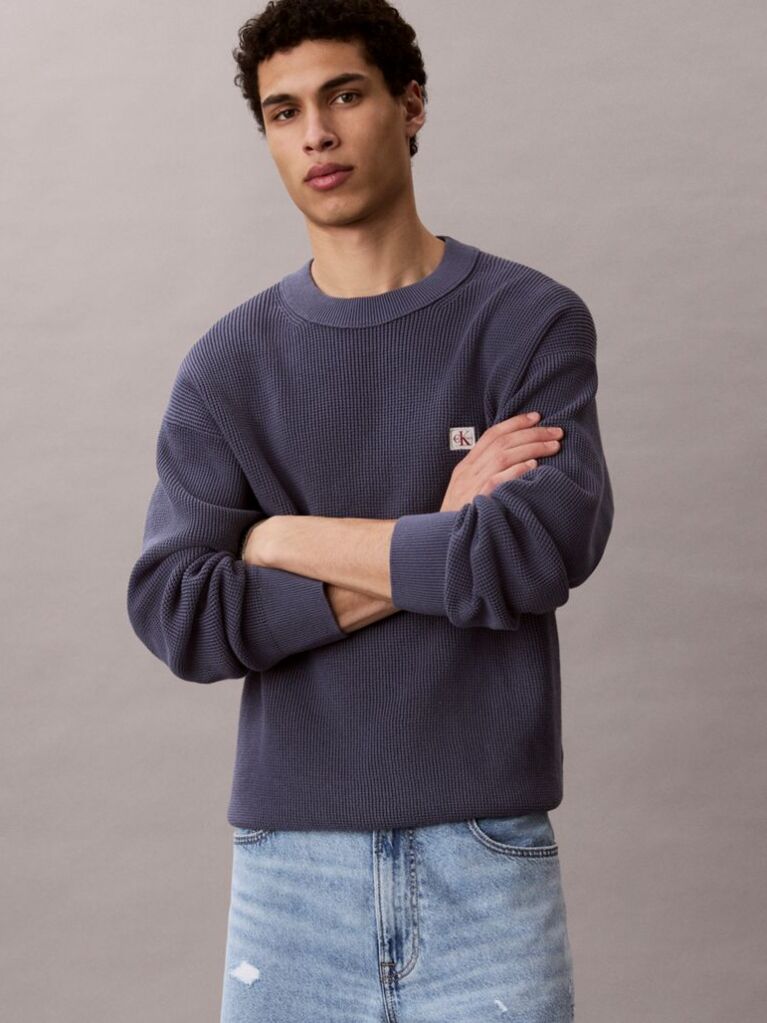Blue Waffle Cotton Monogram Jumper  Men