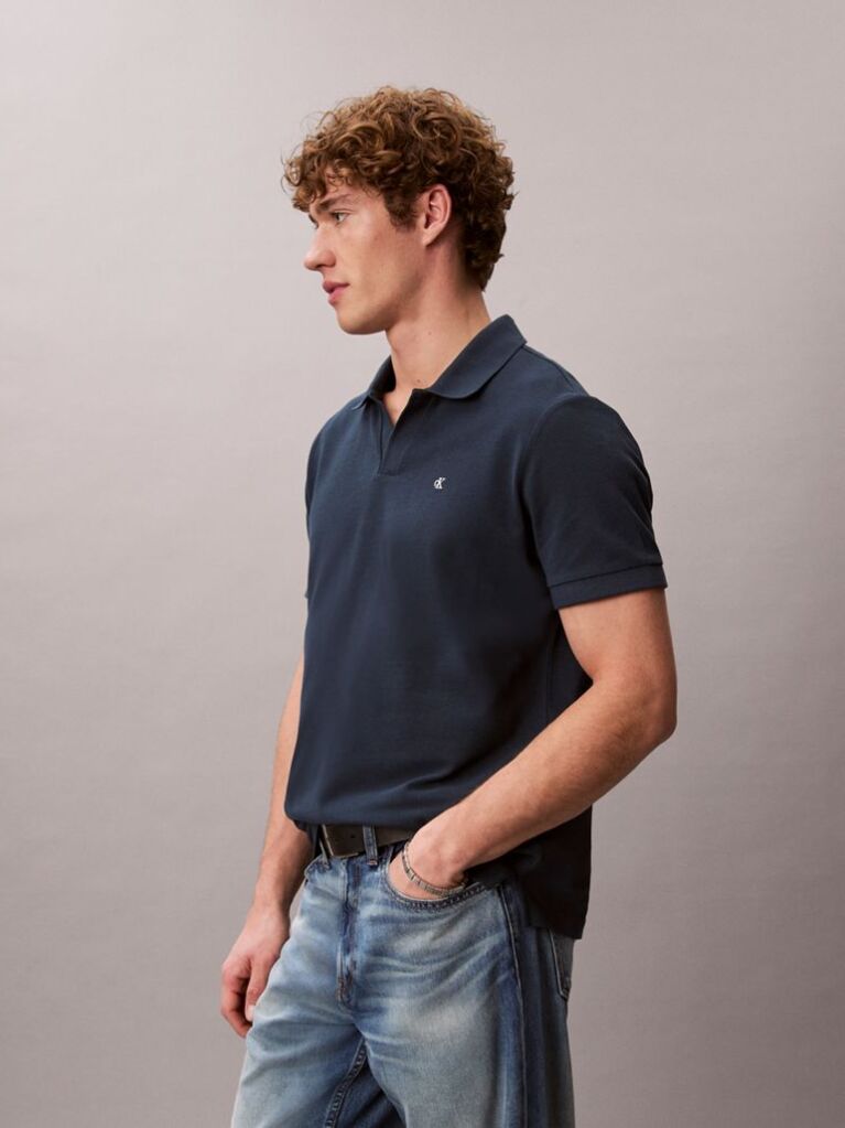 Blue Cotton Piqué Open Collar Polo Shirt  Men