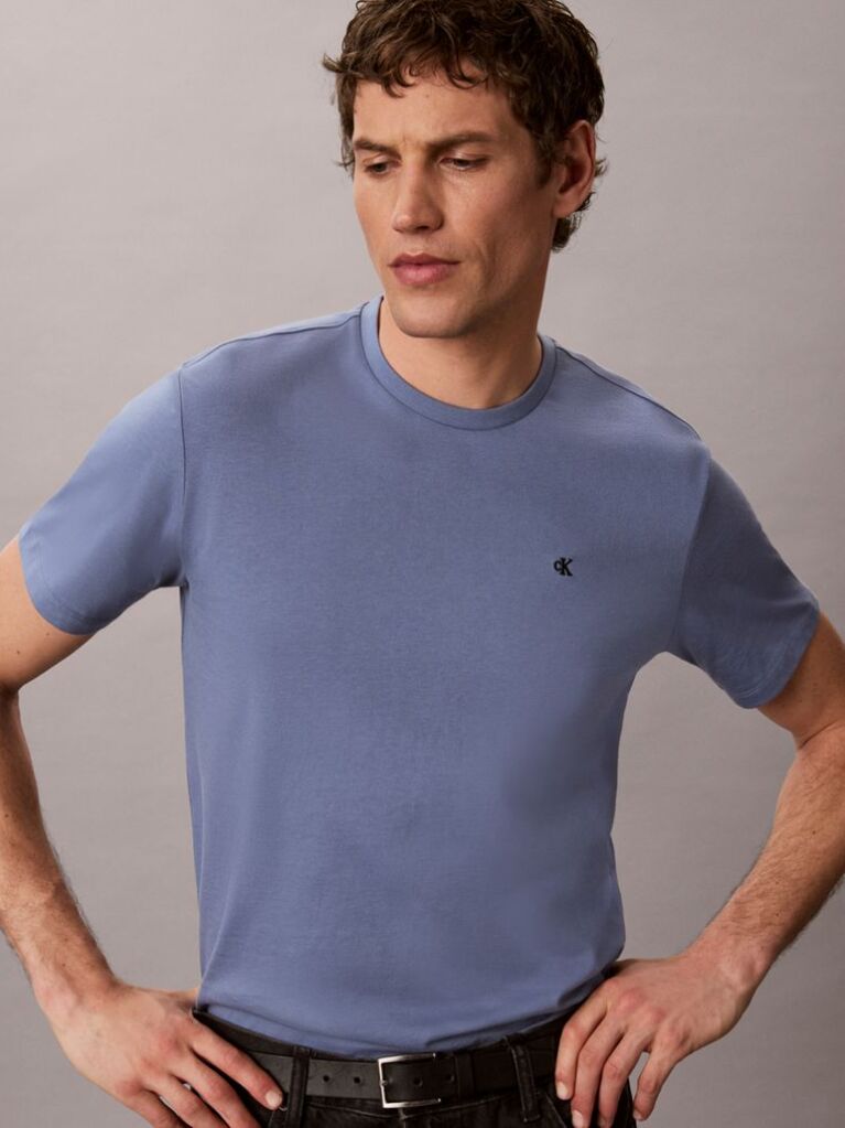 Albastru Tricou Cu Guler Rotund Cu Logo Monograma Brodat  Barbati