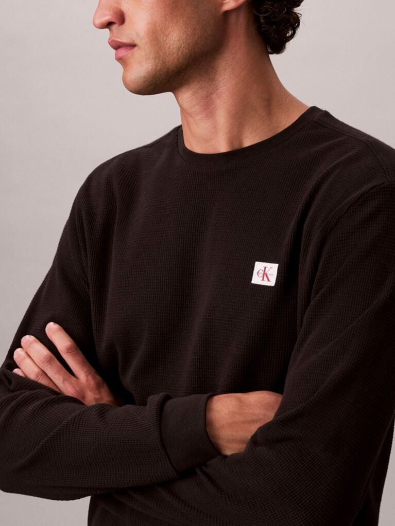 Black Long Sleeve Waffle T-shirt  Men