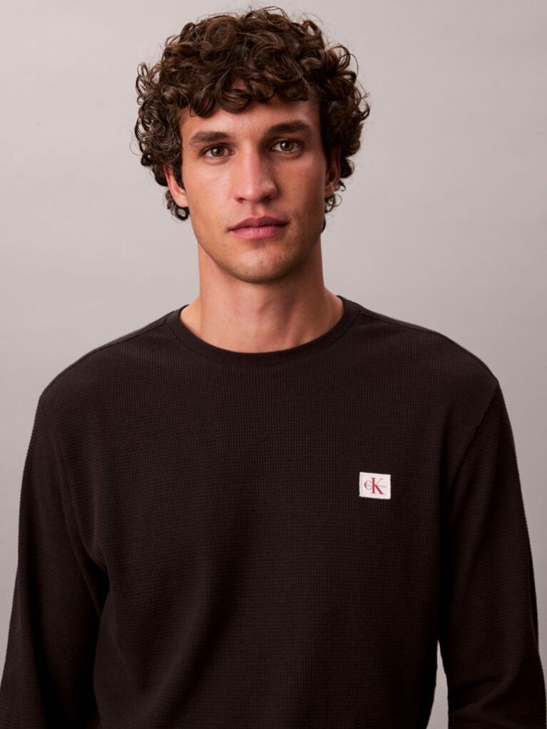 Black Long Sleeve Waffle T-shirt  Men