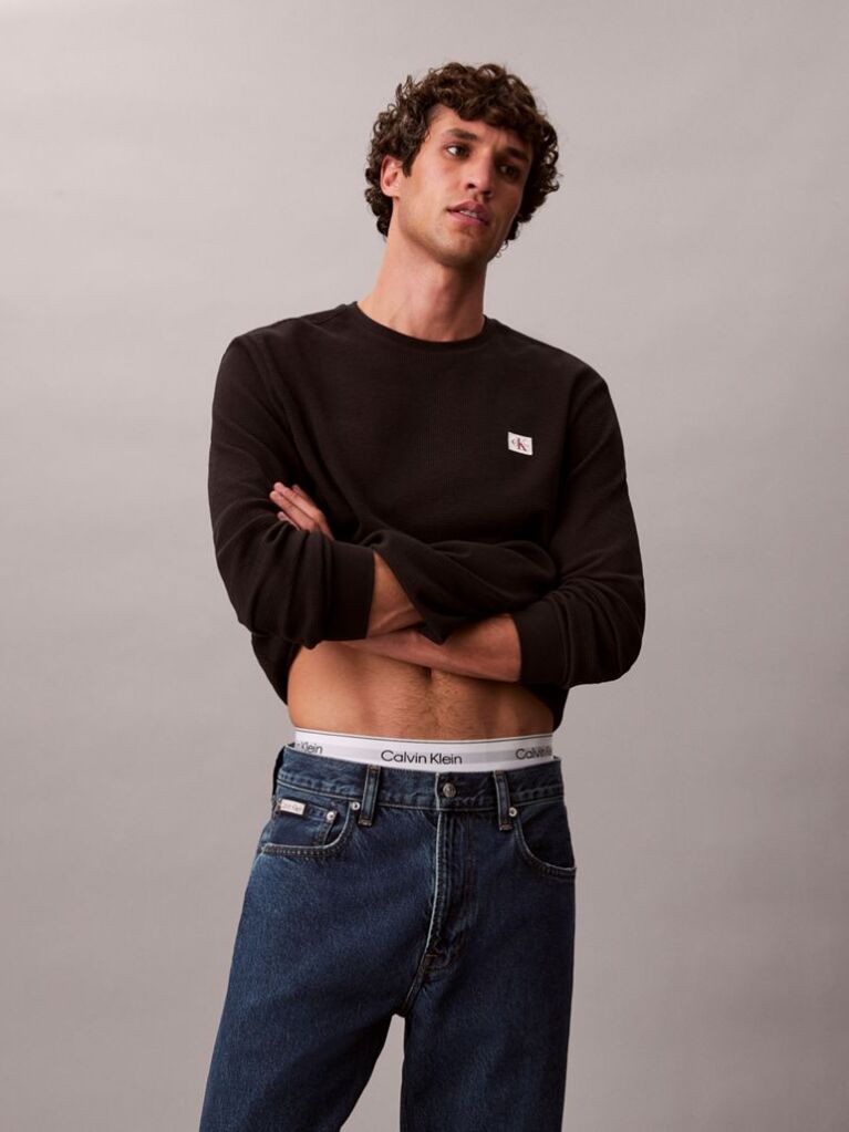 Black Long Sleeve Waffle T-shirt  Men