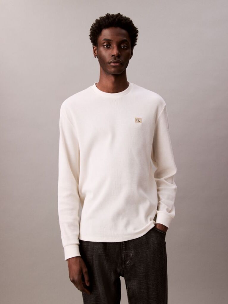 White Long Sleeve Waffle T-shirt  Men