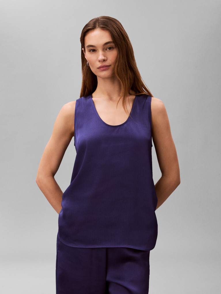 Blue Textured Satin Scoop Neck Tank Top  Women