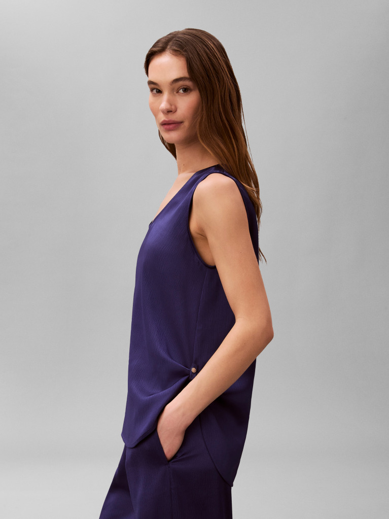 Blue Textured Satin Scoop Neck Tank Top  Women