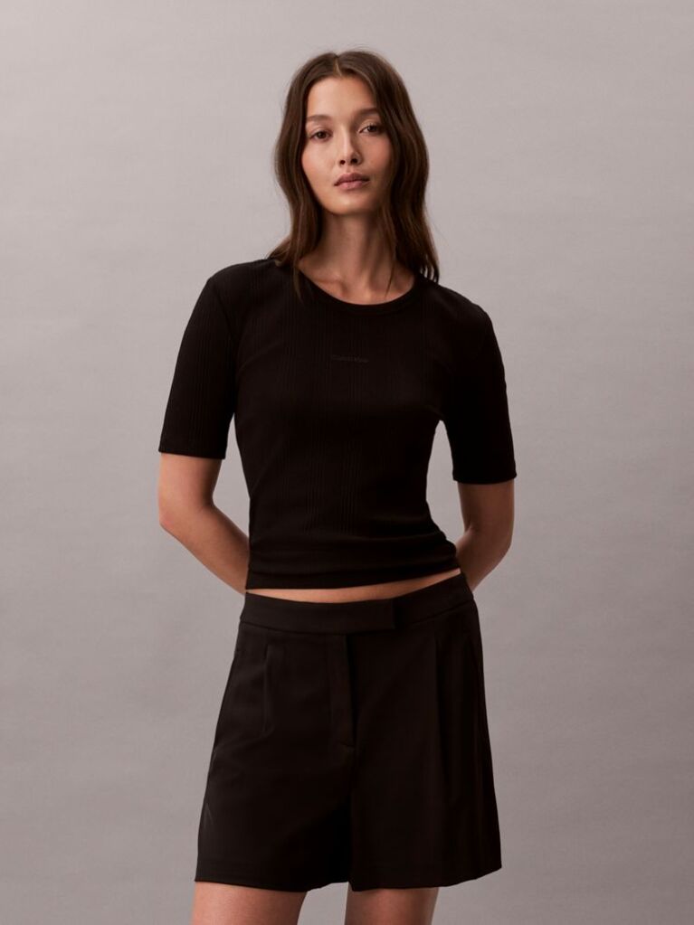 Black Ribbed Half Sleeve T-Shirt  Women