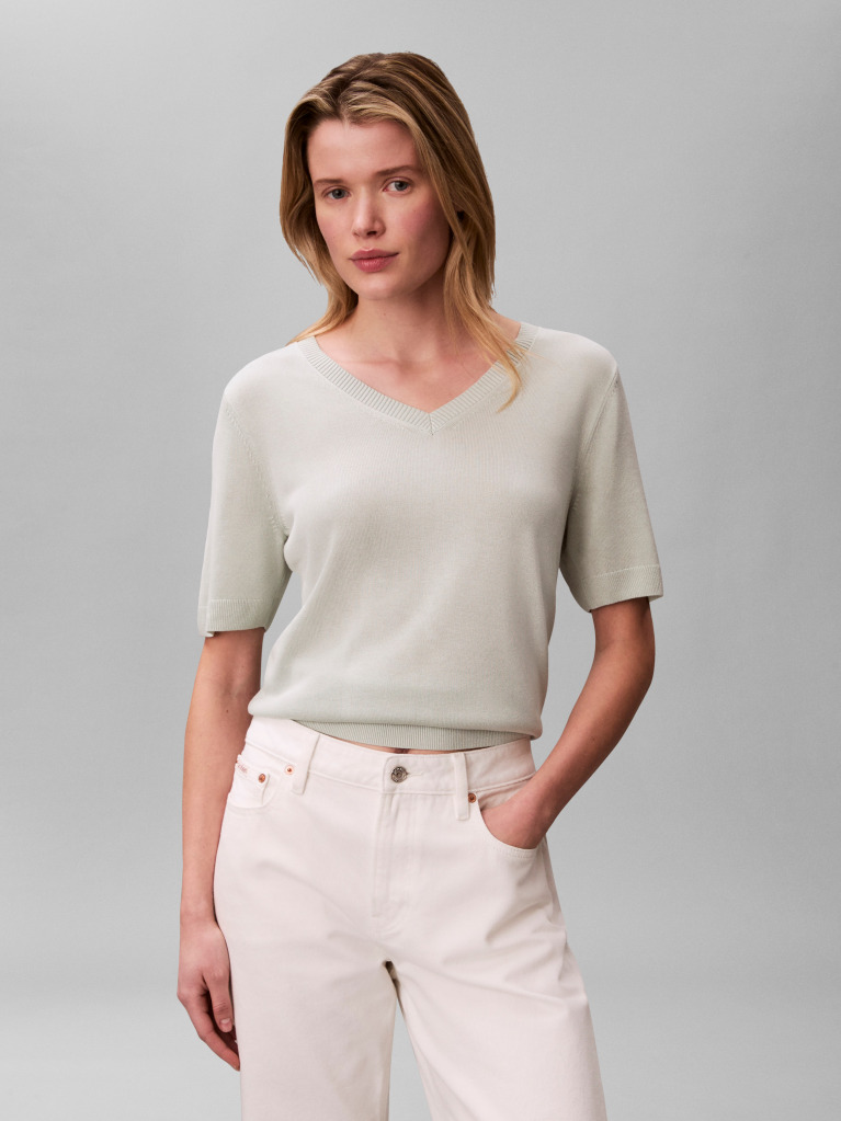 Verde Tricou V-Neck Din Viscoza Cu Cusatura Fina  Femei