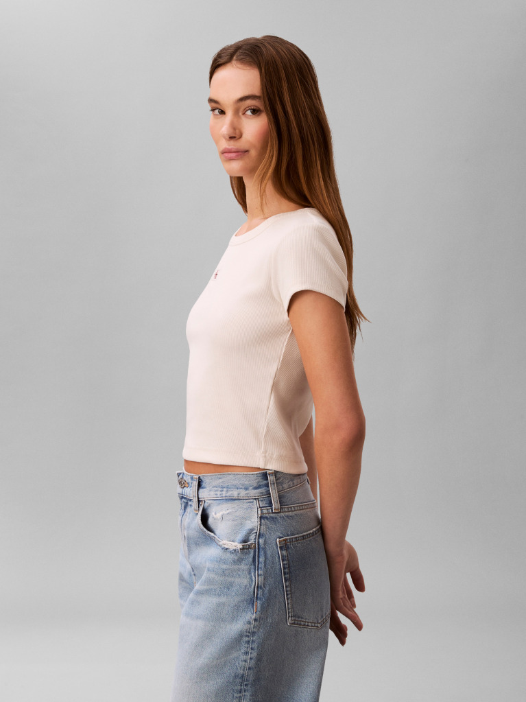 White Slim Ribbed Cotton Badge T-shirt  Women