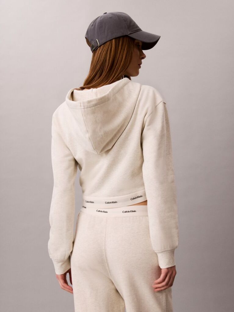Beige Cropped Logo Elastic Zip Hoodie  Women