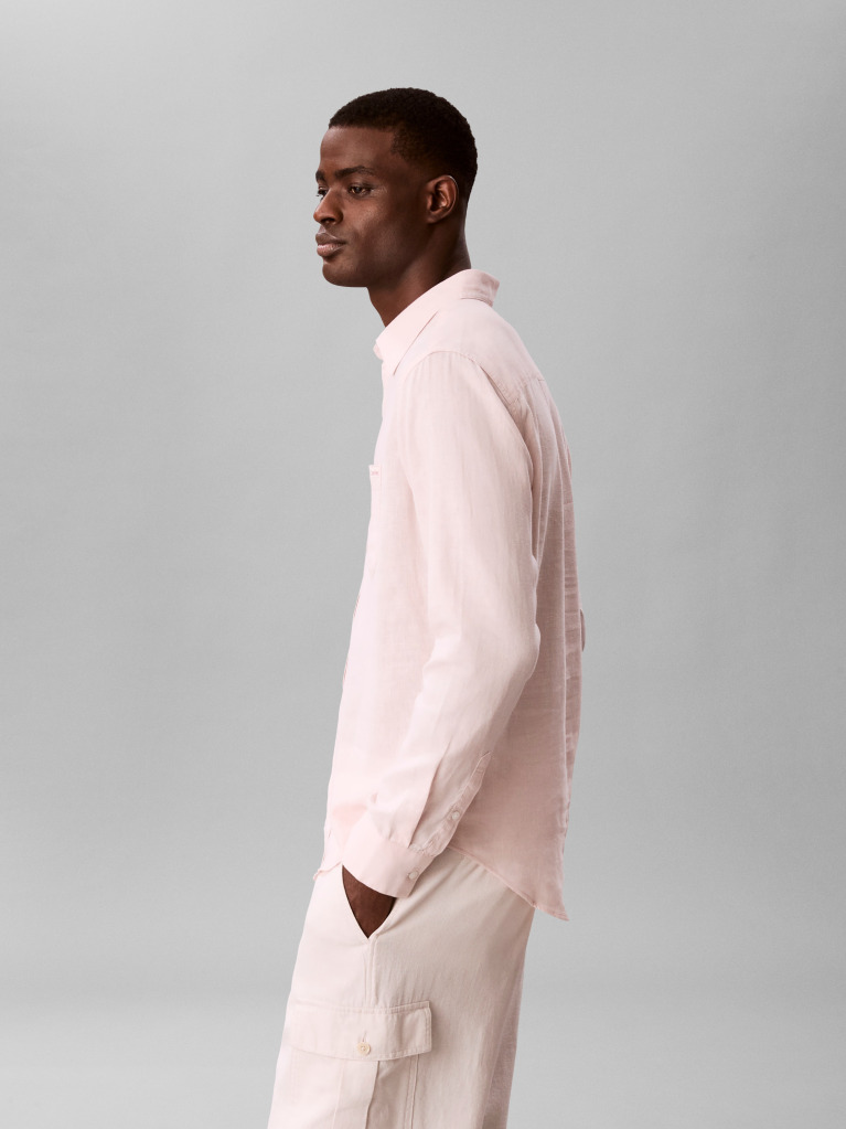 Orange Long Sleeve Solid Casual Linen Classic Shirt  Men