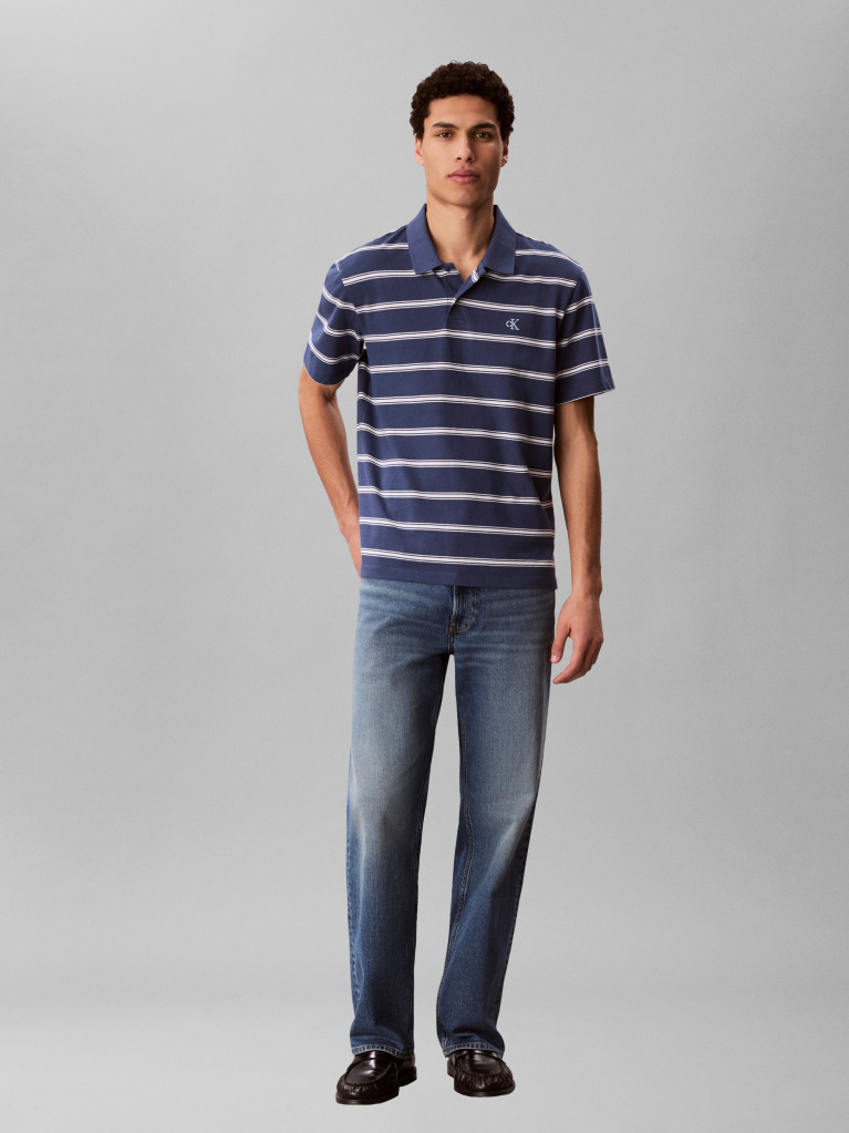 Blue Short Sleeve Jersey Stripe Polo Shirt  Men