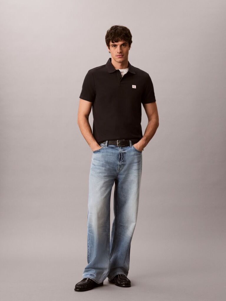 Negru Tricou Polo Cu Croiala Clasica Din Tricot Micro Waffle  Barbati