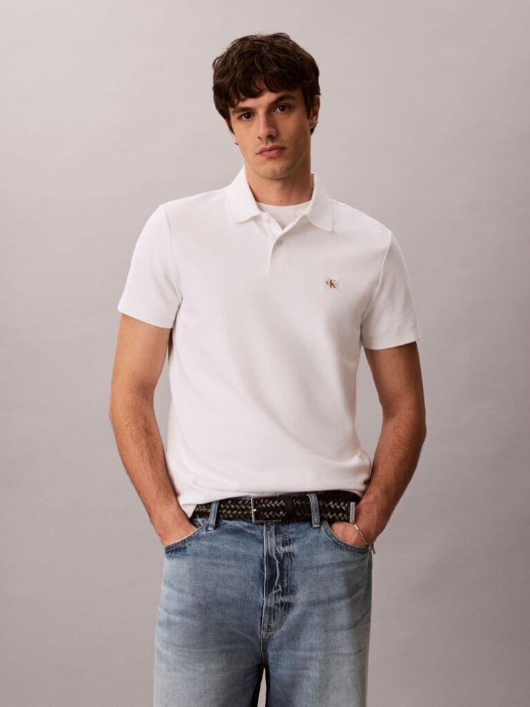 Alb Tricou Polo Cu Croiala Clasica Din Tricot Micro Waffle  Barbati
