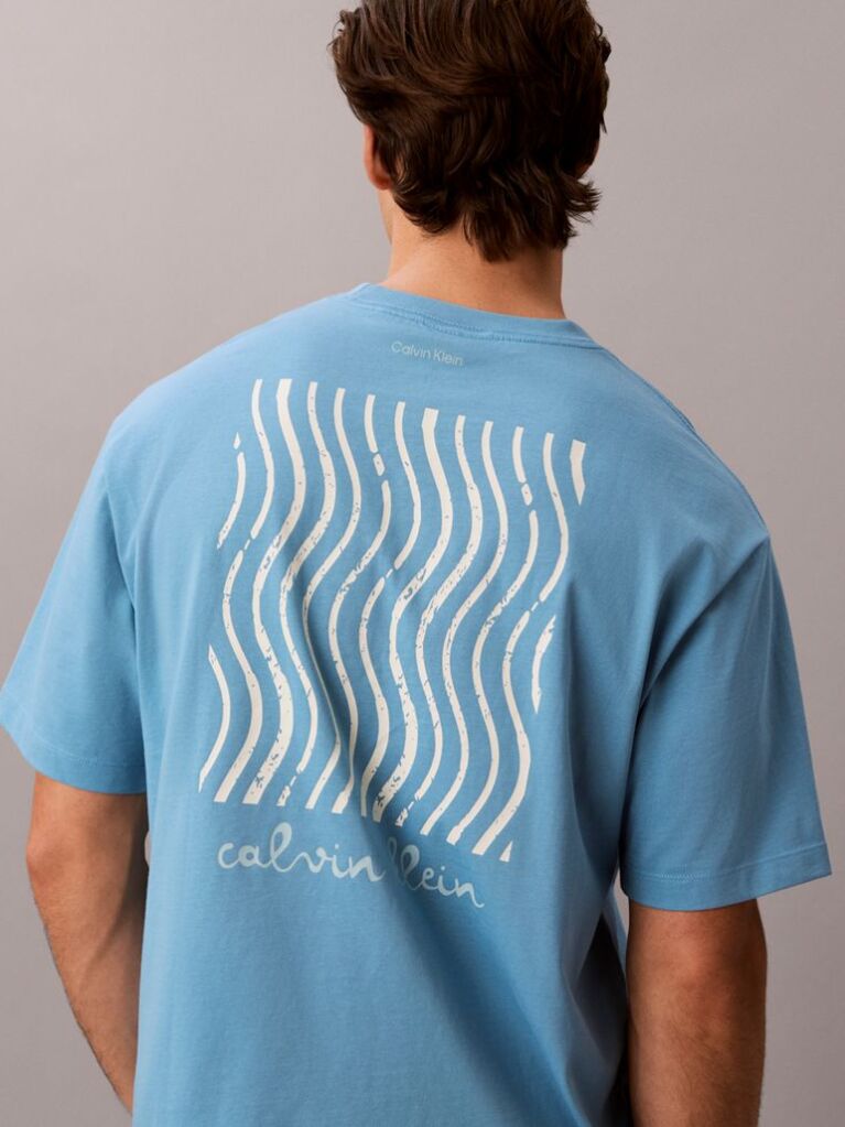 Albastru Tricou Cu Guler Rotund Si Logo Grafic  Barbati